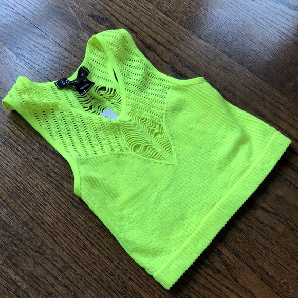 Neon Yellow Cut-Out Stretch Ribbed Crop-Top - Picture 2 of 5